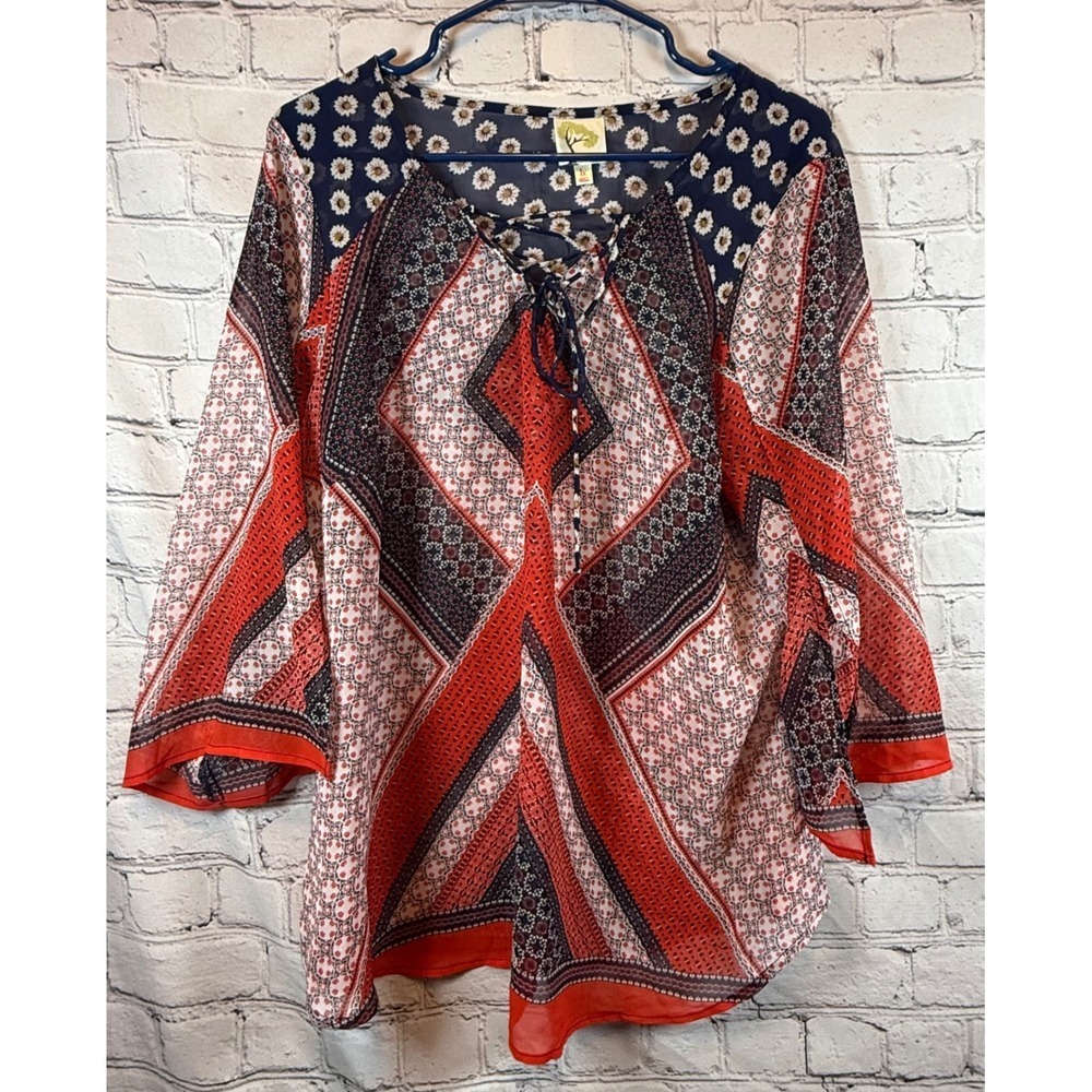 Fig and Flower 1X Blouse Top 3/4 Sleeve Multicolor Geometric Sheer Boho